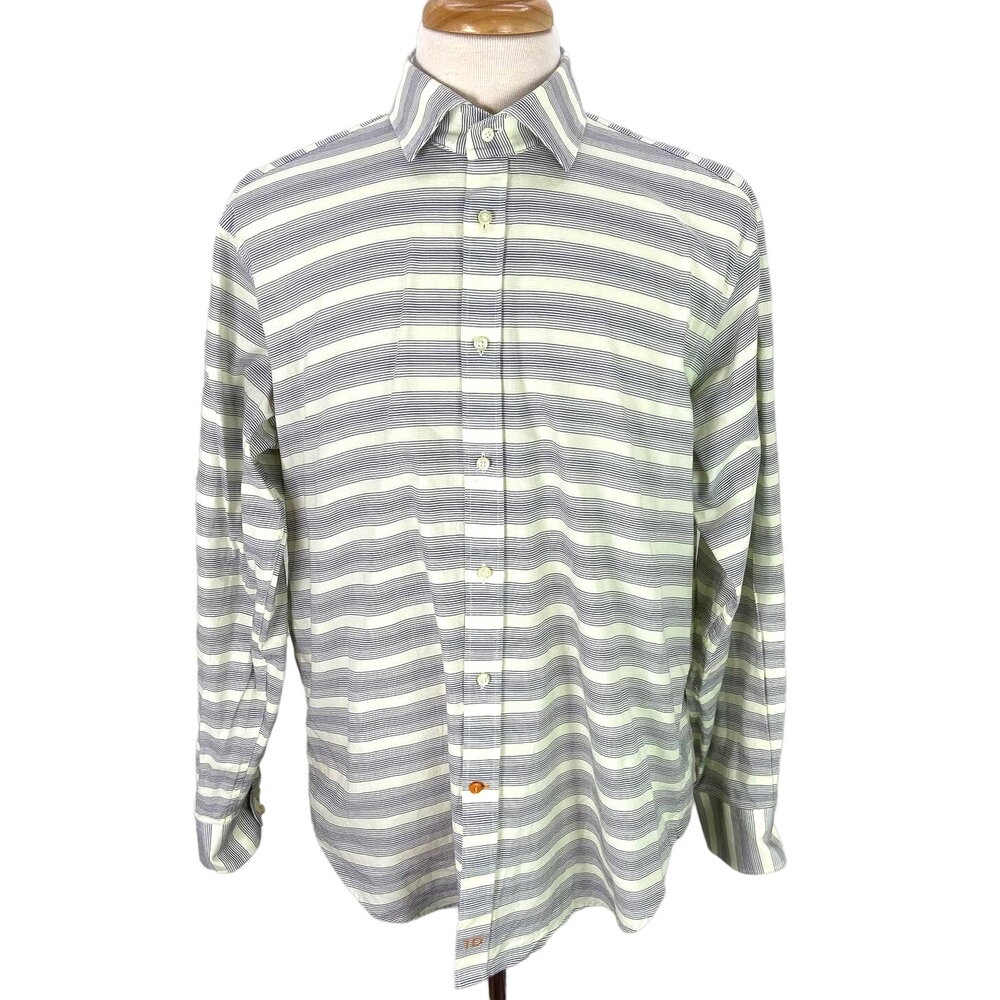 Thomas Dean Mens Dress Shirt‎ Size XL Yellow Navy Stripes Cotton